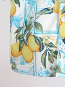 SHEIN 小男孩柠檬印花休闲单排扣短袖衬衫，轻盈，适合夏季度假