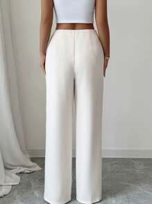 Elenzga Damen einfarbige Knopfdesign gerade geschnittene lose Freizeithose