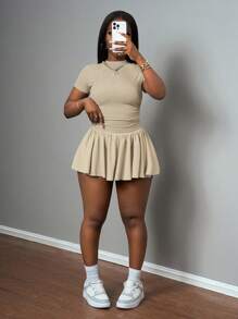 Slaydiva New Spring And Summer Casual Basic Style, Sports Style, Simple Round Neck, Short Sleeves, Pleated Short T-Shirt On Both Sides + A Swing Umbrella Skirt, Short On Both Sides, Front And Back, Medium Length, Light Gray Ribbed Knitted Fabric Women's Two Pieces Set - Apricot - View 4