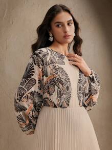 Anewsta 优雅经典花卉印花松紧腰褶皱女式连衣裙 波西米亚风花卉连衣裙 - 杏色 - 查看 3