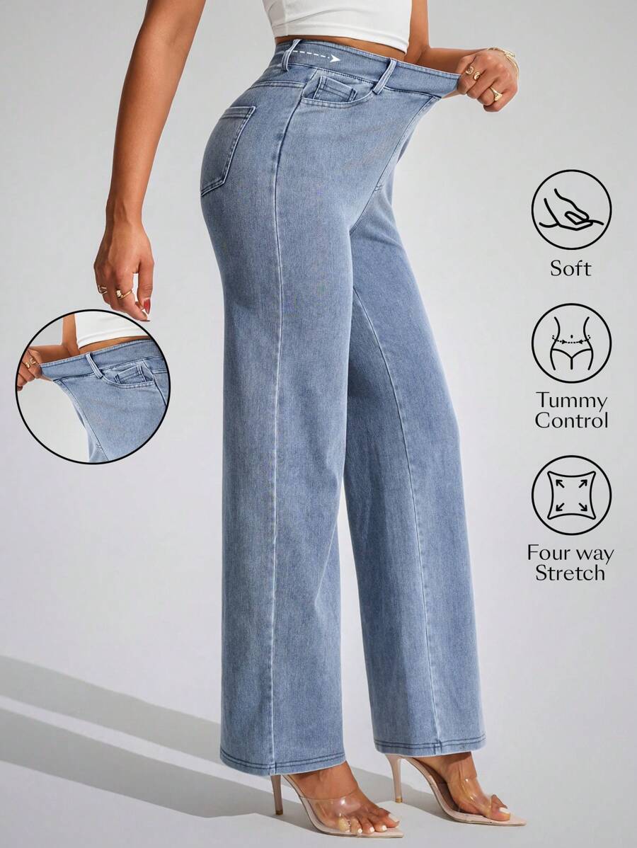 Flexra Women's Casual Elastic Waist Straight Leg Jeans, Does Not Include Belt - Light Wash - View 1