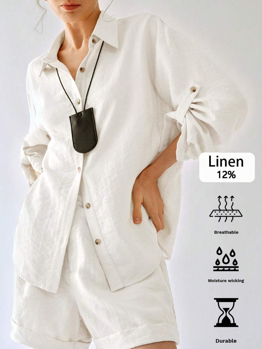 Uhlyne Uhlyne 女士春夏休闲日常通勤白色亚麻袖开襟衬衫黑色衬衫,商务休闲,工作服女士,办公室,教师 - 白色 - 查看 1