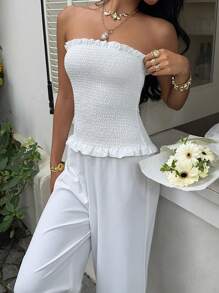 Sunnyshic 白色亚麻水洗褶皱荷叶边收腰露背无袖连体裤，休闲别致优雅浪漫简约夏季度假海滩日常装 - 白色 - 查看 4