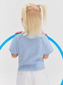 SHEIN 年轻女孩休闲舒适圆领短袖星星印花T恤 - 藍色 - 查看 2