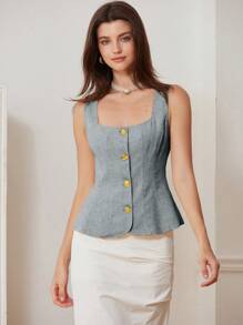 GENKIRA Square Neckline Slim Fit Tweed Button-Up Top For Women, Spring/Summer - Grey - View 5