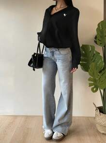 SHEIN EZwear Women's Black Knight Print Knitted Hooded Sweatshirt Sweatshirt In Fall/Winter - Black - View 5