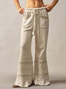 Bohemela 大码休闲纯色荷叶边下摆裤