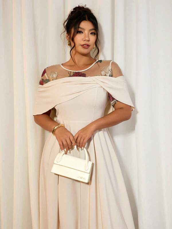 Cravure Plus Size Embroidered Mesh Splice Soft Knit Bowknot Decorative Waist A-Line Short Sleeve Casual Dress For Party, Vacation, Outing Women S White Dress Women Dresses Birthday Women Birthday Outfit Women Casual Dress Women S Clothes