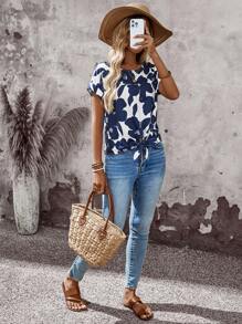 EMERY ROSE Women's Casual Tie-Front Short-Sleeve Blouse For Spring And Summer, Daily Basic Summer Vacation Going Out Work Tops For Summer - Multicolor - View 7