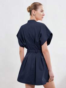 Aveloria Modichic New Fashion Simple & Elegant High-Quality Commuting Women's Stand Collar Round Neck Loose Cap Sleeve Ruched Tie-Waist A-Line Mini Dress