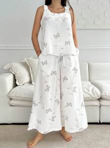 DAZY 2 件套女士蝴蝶和树叶全身印花无袖宽松背心和七分裤睡衣套装，返校服 - 白色 - 查看 6