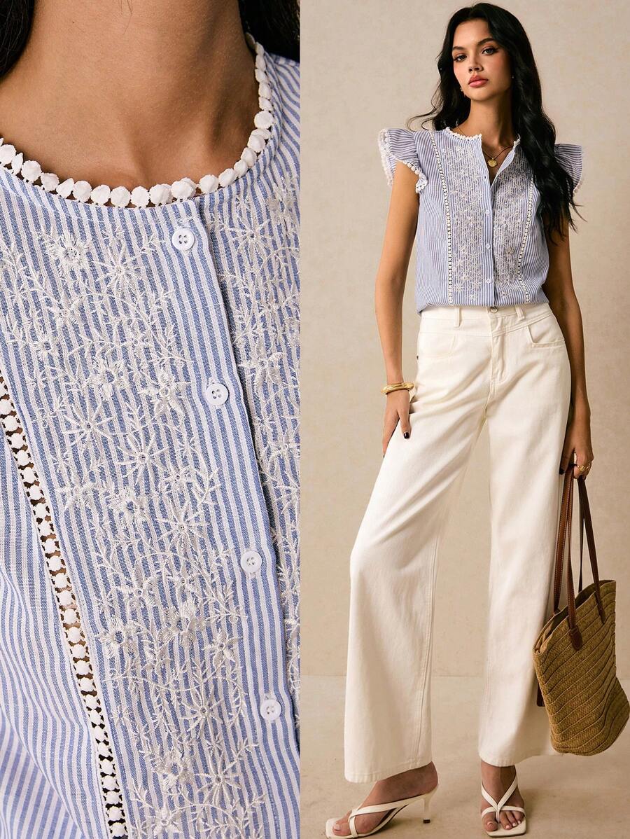 Poéselle Chemise rayée bleu et blanc, couture en dentelle, chemise brodée, petit design de manche en capuchon, blouse décontractée à volants fleuris pour femmes, d'été, convenant pour le port quotidien, les sorties, les plages, les vacances, les rendez-vous, etc. - Bleu et Blanc - Voir 1