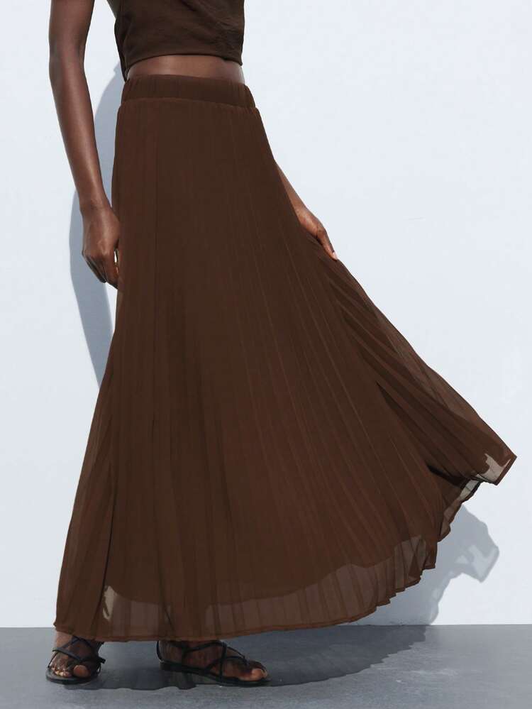 SHEIN Maija Women's Elegant Coffee Brown Maxi Skirt With Ruffle Hem Detail And Pleated Woven Fabric