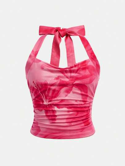 SHEIN Girlism 青少年女孩休闲简约舒适花卉图案挂脖系带背心