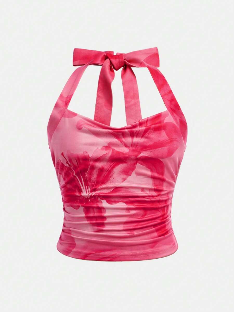 SHEIN Girlism Áo ba lỗ hở cổ họa tiết hoa đơn giản thoải mái cho bé gái tuổi mới lớn - Hồng - Xem 1