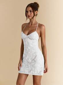 SHEIN BAE 夏季女式露背亮片提花绿色度假迷你连衣裙 - 白色 - 查看 4