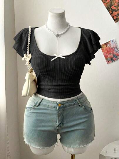 Ceyna T-shirt vintage élégant en maille texturée à col rond avec nœud décoratif, pour grande taille, printemps/été