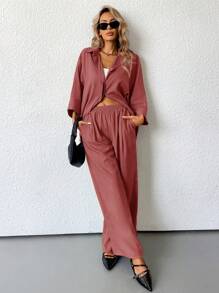 Aveloria Modichic 2pcs/Set Women Blended Side Slit Loose Shirt And High Waist Wide Leg Pants Elegant Business Casual Women  - Coral Pink - View 6