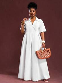 Slaydiva Đầm sơ mi tay ngắn dáng rộng cổ chữ V xếp ly màu trắng cỡ lớn, thích hợp cho mùa xuân/hè, đi làm và mặc thường ngày - Z - trắng - Xem 6