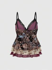 ROMWE J-Fashion 千禧嬉皮复古植绒纹理褶饰不对称下摆多层女式吊带背心