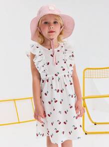 SHEIN Young Girl Casual Minimalist Comfortable Round Neck Ruffle Trim Cherry Print Dress - White - View 1
