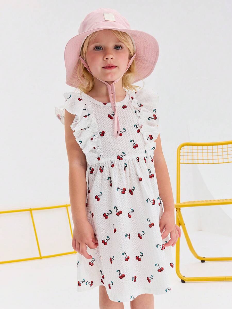 SHEIN Young Girl Casual Minimalist Comfortable Round Neck Ruffle Trim Cherry Print Dress - White - View 1