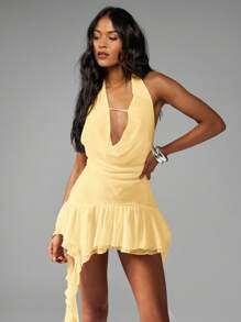 MISSGUIDED Đầm ngắn cổ yếm, dáng bất đối xứng, xếp ly, vạt trước dài ngắn, kiểu draping, thích hợp cho tiệc tối, mùa hè, đám cưới. - Vàng nhạt - Xem 3