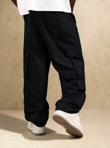 SUMWON 优质工装裤阔腿街头喇叭裤多口袋抽绳腰秋冬休闲裤 - 黑色 - 查看 2