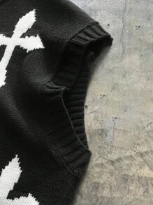 AXEPEAK Cross Print Round Neck Frayed Hem Men's Knit Sweater Vest, Streetwear-Inspired - Black - View 5