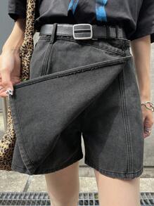 FRIFUL Women's Dark Gray Overlay Casual Versatile Denim Skort, For Airport Vacation Jorts - Dark Grey - View 1