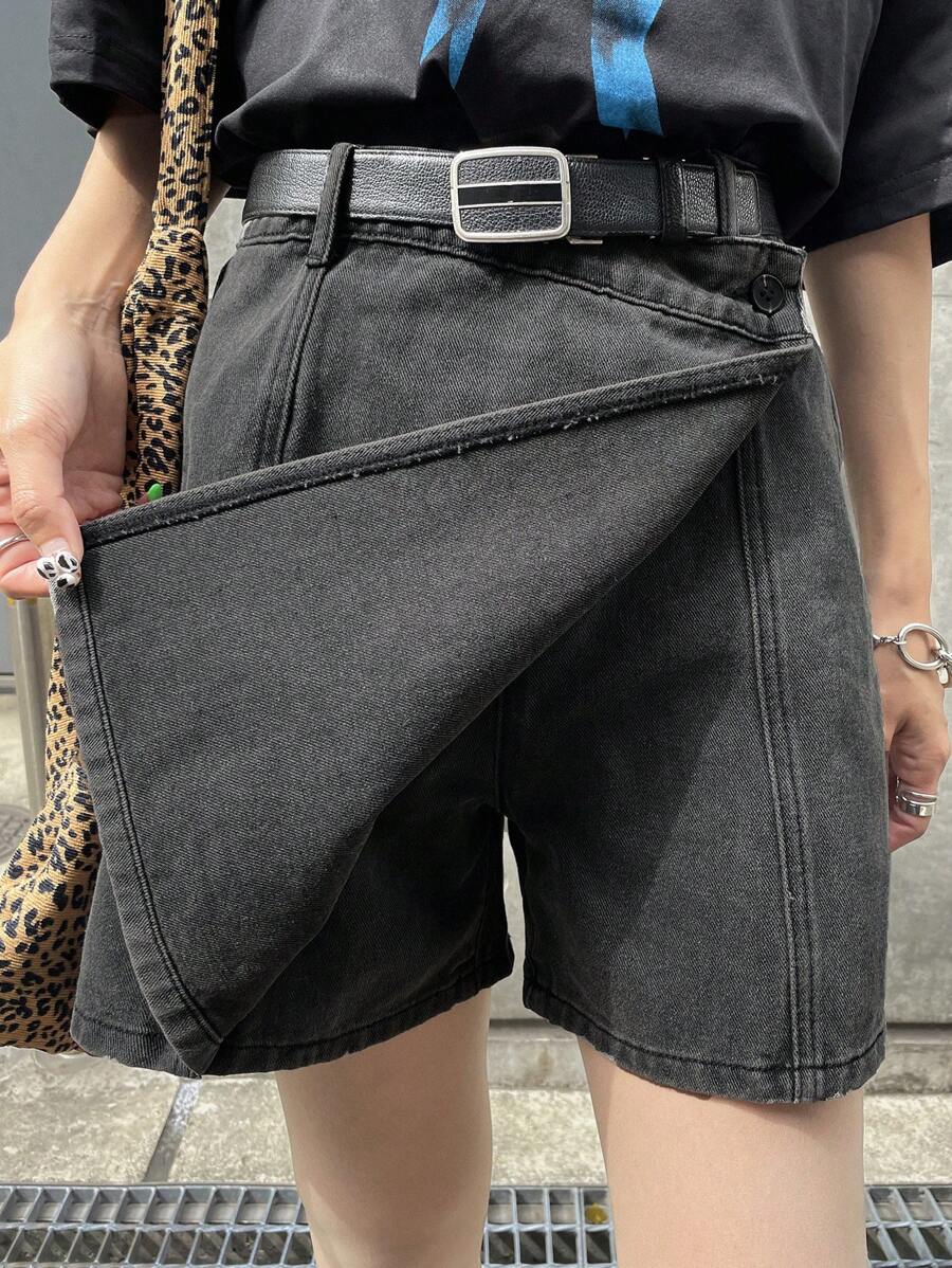 FRIFUL Women's Dark Gray Overlay Casual Versatile Denim Skort, For Airport Vacation Jorts - Dark Grey - View 1