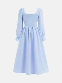 SHEIN Tween Girls' Elegant Waist Cinched Long Sleeve Midi Length Dress Fall Winter - Baby Blue - View 2