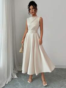 Elenzga Women's Elegant French Style Office/Vacation Cocktail Party Swing A-Line Dress, With Ruffle Collar, Waist Tie Adjustable Belt - Apricot - View 1