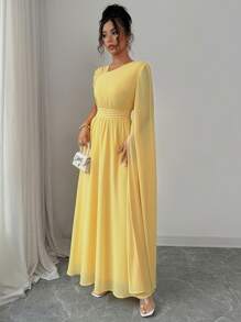 Elenzga Váy xòe xếp nếp cổ bất đối xứng lót chiffon thanh lịch cho nữ dự tiệc trà chiều, mùa xuân/hè - Màu vàng - Xem 6