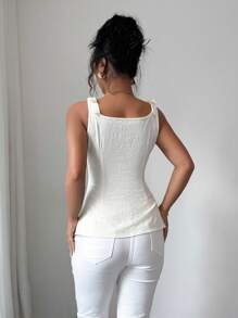 Elenzga Top camiseta elegante y chic de uso en resort con cuello cuadrado de tela jacquard texturizada en color albaricoque y amarillo crema, tirantes ajustables, decoración con lazo, abotonadura sencilla, volantes en la cintura alta, y dobladillo en línea A