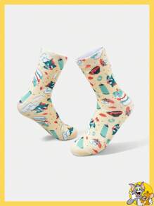 TOM & JERRY X SHEIN Cartoon Pattern Sprout Yellow Cake Kitchen Party Mid-Calf Socks - Yellow - View 4
