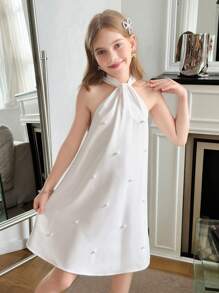 SHEIN 青少年女孩优雅纯白色挂脖珍珠铆钉后背蝴蝶结喇叭形 A 字无袖连衣裙 - 白色 - 查看 6