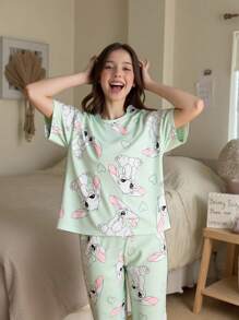 Tween Girls Cute Rabbit Pattern Pajamas Set,Pastel Green Summer Sleepwear Includes Short Sleeve T-Shirt & Long Pants,Soft & Comfortable Loungewear - Mint Green - View 1