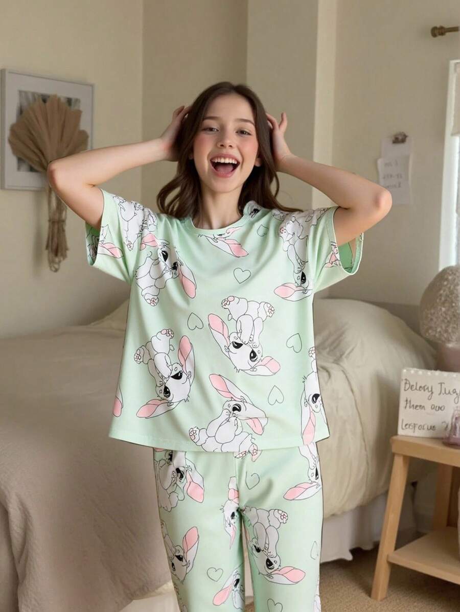 Tween Girls Cute Rabbit Pattern Pajamas Set,Pastel Green Summer Sleepwear Includes Short Sleeve T-Shirt & Long Pants,Soft & Comfortable Loungewear - Mint Green - View 1