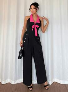 Islaluna Elegant Daily Commute Fitted Sleeveless Halter Neck Bowknot Pink & Black Long Jumpsuit