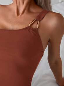 Swim Basics 女士纯色连体泳衣，带金属装饰，适合度假穿着 - 乾枯玫瑰色 - 查看 4