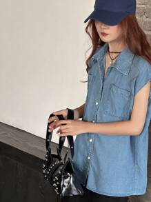 Dazy Kids Teen Girl Denim Collared Short Sleeve Blouse,Girls Summer Outfits,Back To School Clothes