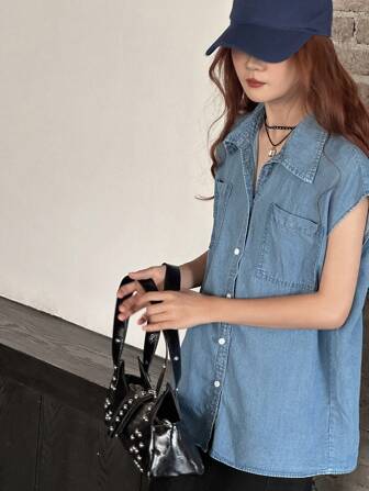Dazy Kids Denim blouse met korte mouwen voor tienermeisjes, zomeroutfits voor meisjes, kleding voor het begin van het schooljaar