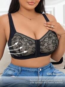SHEIN 1pc Plus Size Women Comfortable Lace Front Opening Underwear - Black - View 6
