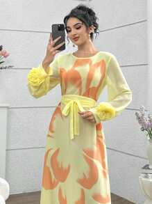 Modelyn 阿拉伯风喇叭裙，前后花卉印花，法式袖，春夏 - 黃色 - 查看 7