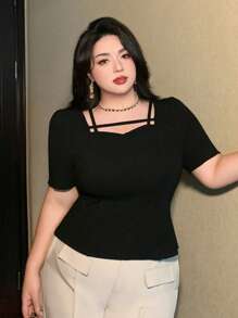 Dazy Plus Solid Color Short Sleeve Asymmetrical Collar Black T-Shirt, Summer