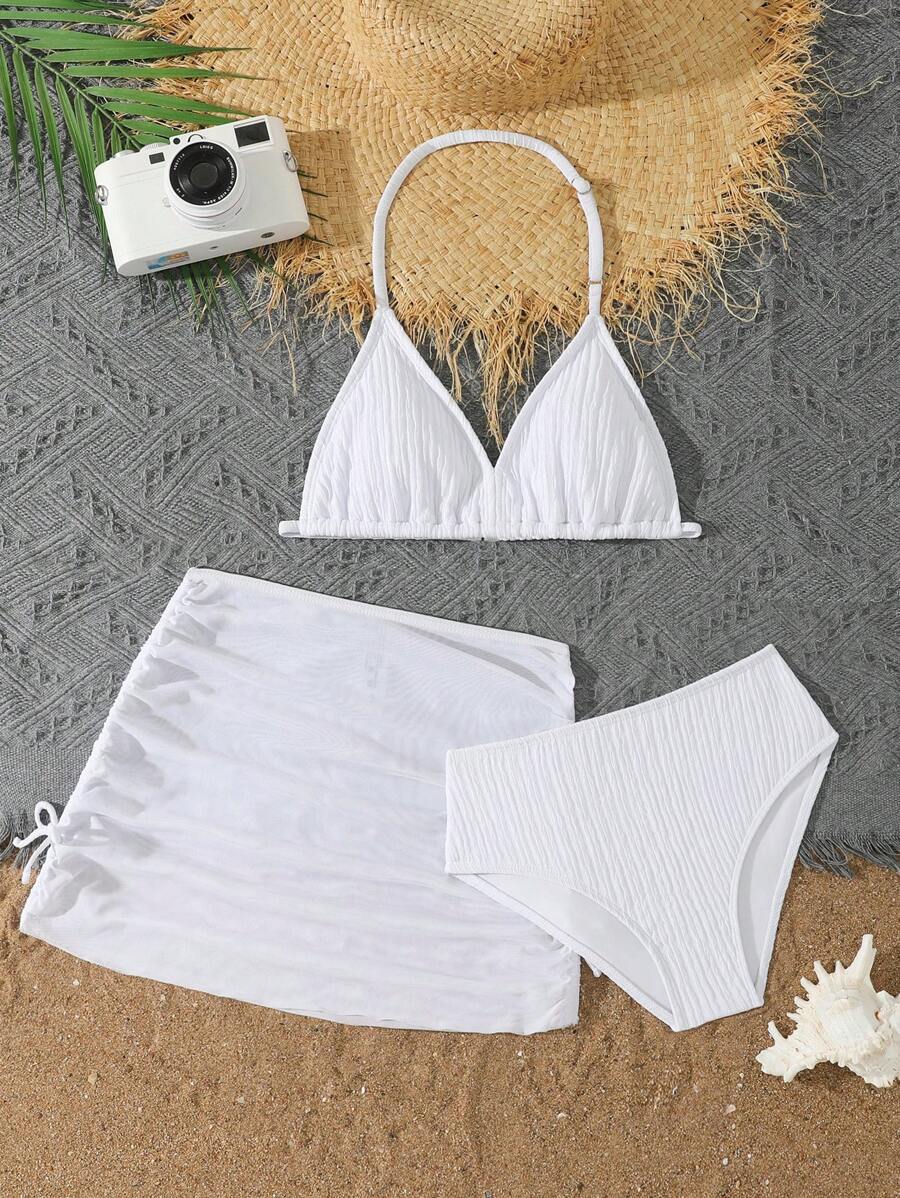 女童 3 件套针织条纹分体泳衣套装，花式面料泳衣上衣、短裤和裙子，优雅设计，适合游泳、度假、夏季 - 白色 - 查看 1