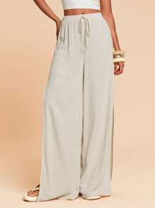 Travachic 繫腰帶開衩闊腿褲 - 卡其色 - 查看 2