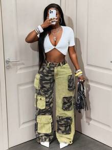 BamGleam 女式休闲迷彩拼布工装牛仔裤