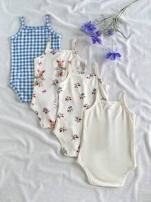 SHEIN Vintaside Kids 4件套女婴休闲可爱兔子熊图案连体衣，适合春夏日常穿着 - 彩色 - 查看 2